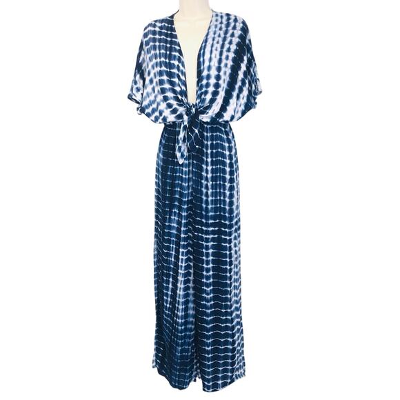 Shein Navy White Tie Dye Palazzo Jumpsuit Plunge Neckline Twisted Knot Front - Picture 15 of 16